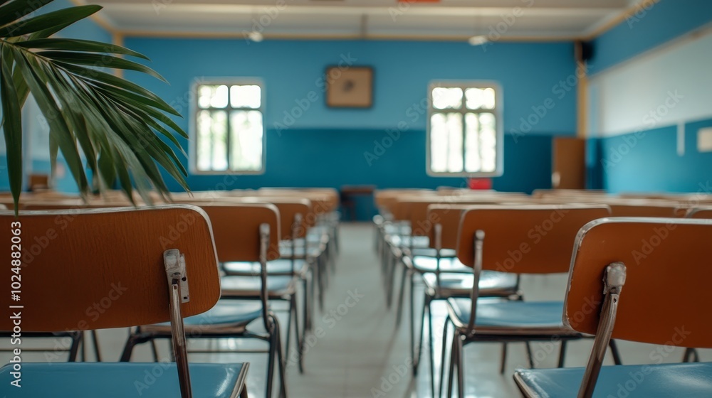 Empty Lecture Hall with Blue Walls, Rows of Chairs in Orderly Arrangement, Awaiting Students, Empty Lecture Hall with Blue Walls, Rows of Chairs in Orderly Arrangement, Awaiting Students,