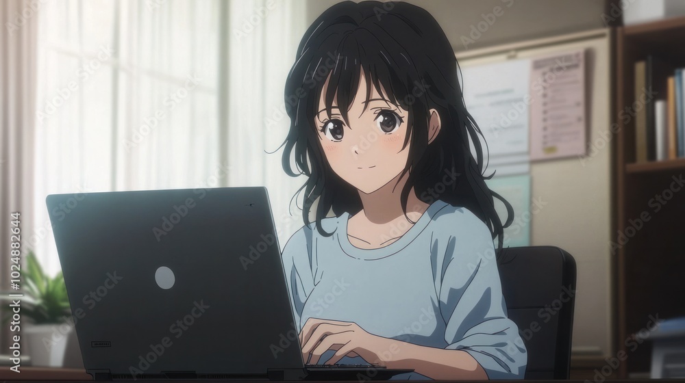Simple anime woman filling out online forms on a laptop, focused and cheerful in a clean, minimalist setting Simple anime woman filling out online forms on a laptop, focused and cheerful in a clean, minimalist setting