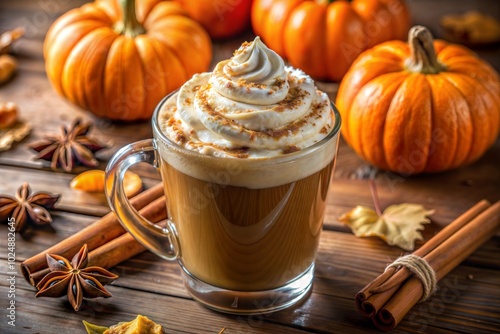 Pumpkin spice latte with whipped cream and fall decor thanksgiving drink