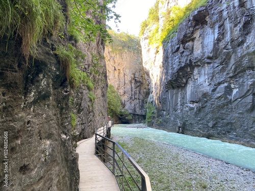 The Aare River Canyon or Aare Gorge in the Haslital Alpine Valley and in the Bernese Highlands - Meiringen, Switzerland (Aareschlucht im Haslital und im Berner Oberland - Schweiz) photo