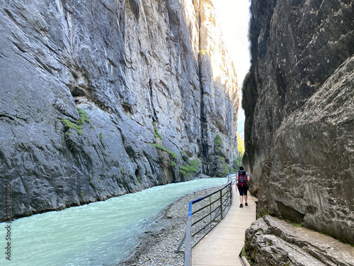 The Aare River Canyon or Aare Gorge in the Haslital Alpine Valley and in the Bernese Highlands - Meiringen, Switzerland (Aareschlucht im Haslital und im Berner Oberland - Schweiz) photo