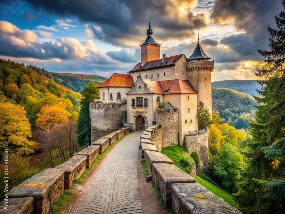 Naklejka premium Vintage Style Photography of Grabstejn Castle, Czech Republic: A Timeless Landmark in Nature