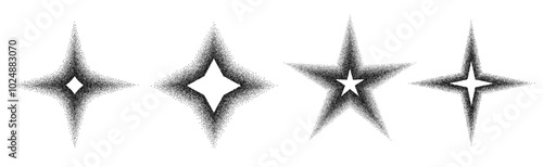 Stipple dots halftone grainy gradient star set. Vector elements collection for Christmas or New Year decor isolated on transparent background 