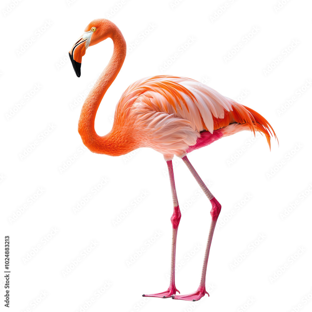 Obraz premium Flamingo standing on one leg with its vibrant pink feathers and long, elegant neck. isolated on transparency background