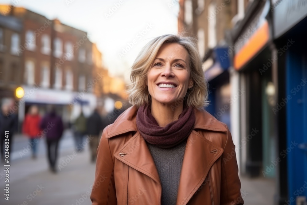 Portrait of a beautiful middle aged woman smiling at the camera in the city Portrait of a beautiful middle aged woman smiling at the camera in the city