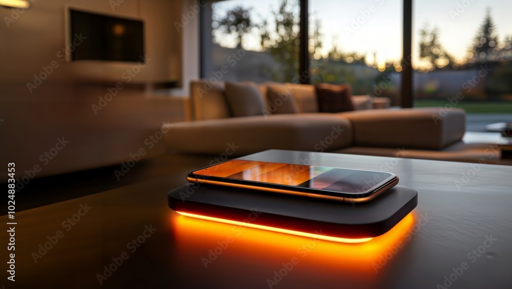 Wireless charging at home. Smartphone charges on a glowing wireless pad in a modern living room. Wireless charging at home. Smartphone charges on a glowing wireless pad in a modern living room.