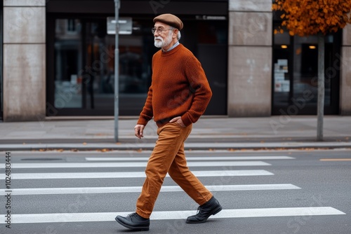 Man in a brown sweater and khaki pants walks across a street. old man walking on the street, wearing a beret, wearing a brown sweater on the upper body, brown pants on the lower body,