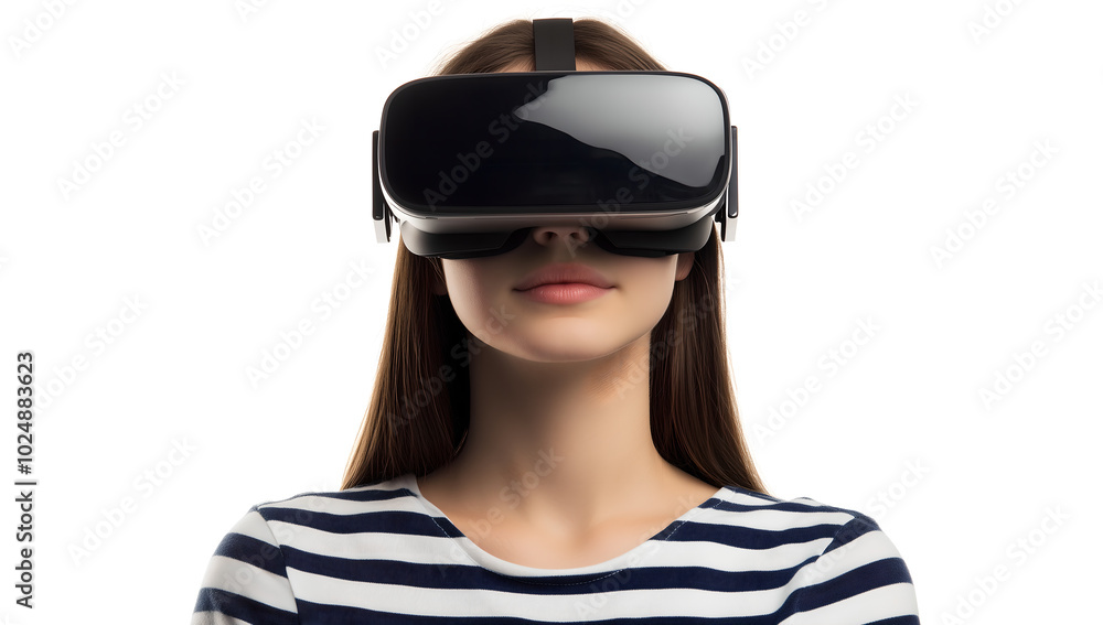 Young Girl Experiencing Virtual Reality with a VR Headset in a Minimalistic White Setting, Representing Future Technology and Immersive Experiences Young Girl Experiencing Virtual Reality with a VR Headset in a Minimalistic White Setting, Representing Future Technology and Immersive Experiences