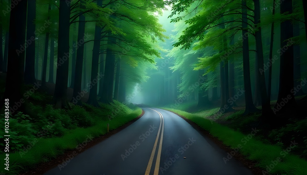 Fototapeta premium The road winds through an evergreen forest, mistily.
