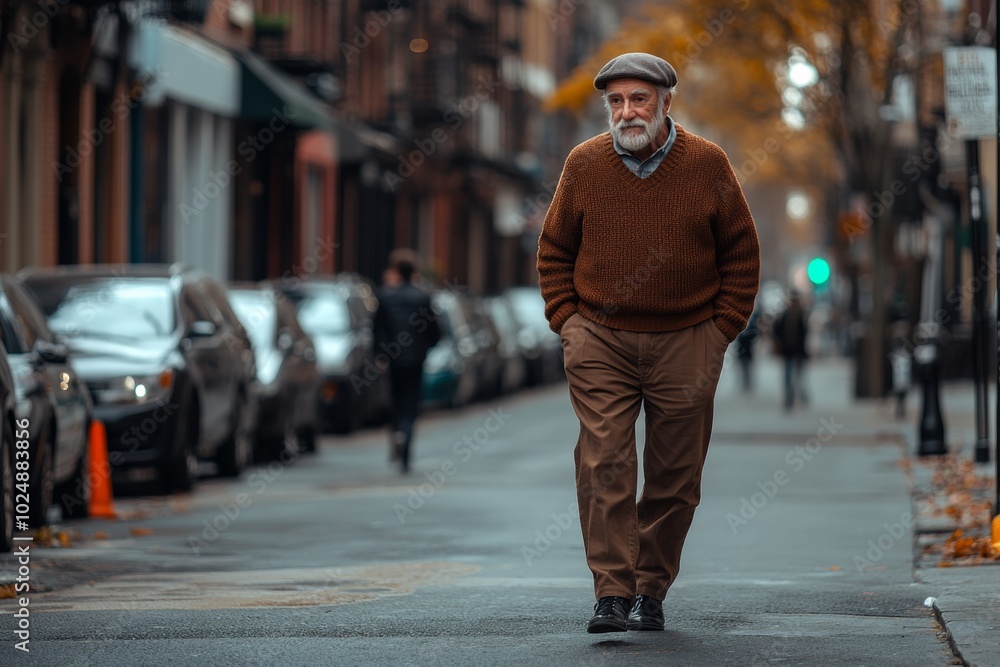 Man in a brown sweater and khaki pants walks across a street. old man walking on the street, wearing a beret, wearing a brown sweater on the upper body, brown pants on the lower body, Man in a brown sweater and khaki pants walks across a street. old man walking on the street, wearing a beret, wearing a brown sweater on the upper body, brown pants on the lower body,