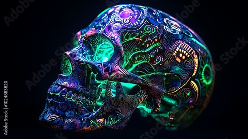 A skull wrapped in abstract tribal patterns, glowing in vibrant hues of neon green, blue, and purple. The patterns feature a mix of sharp lines and curved shapes,