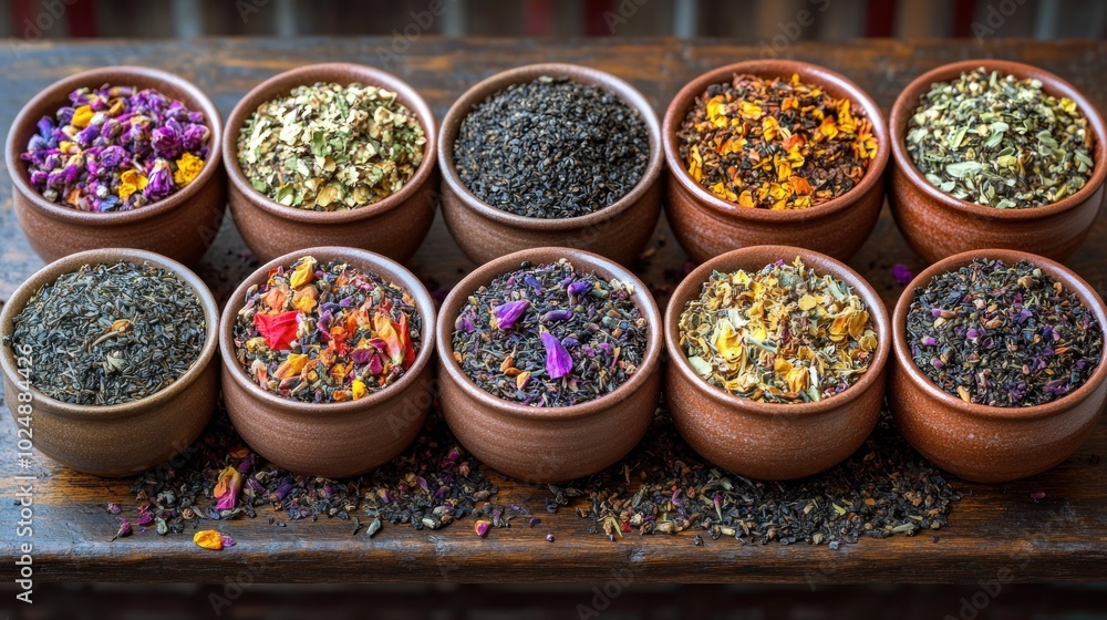 A collection of colorful spices in clay bowls on a wooden surface. A collection of colorful spices in clay bowls on a wooden surface.