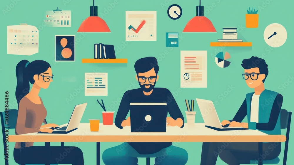 Team working vector flat design, highlighting collaboration and brainstorming in a contemporary office environment Team working vector flat design, highlighting collaboration and brainstorming in a contemporary office environment