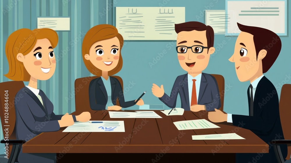 Teamwork in an office setting, vector style, with characters discussing strategies around a meeting table Teamwork in an office setting, vector style, with characters discussing strategies around a meeting table