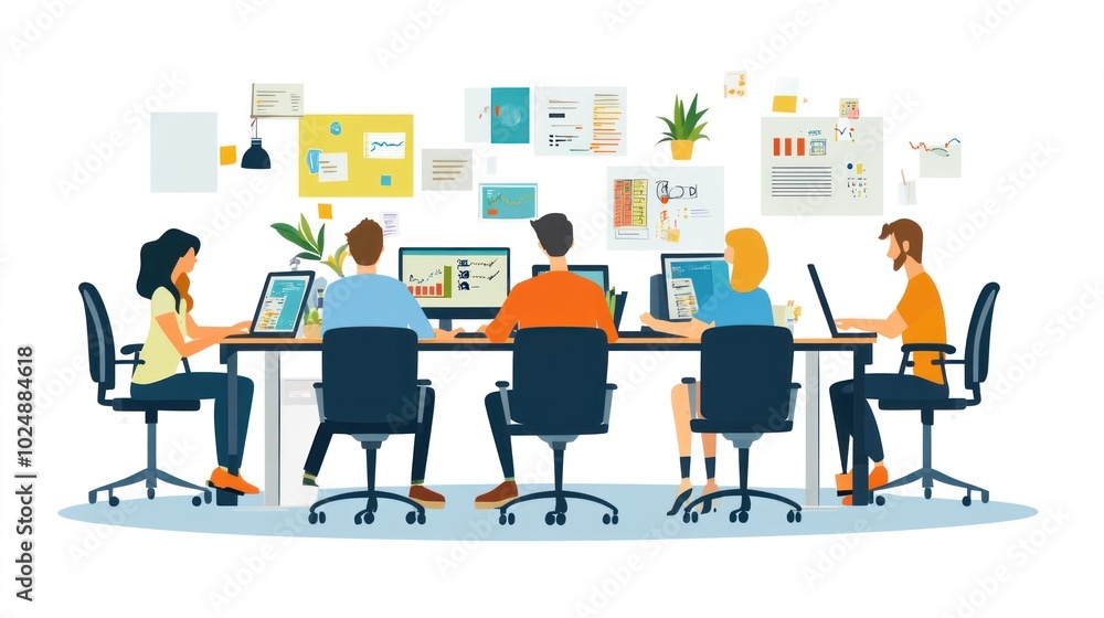 Teamwork in office vector design, with characters working together on a project, sharing ideas in a modern workspace Teamwork in office vector design, with characters working together on a project, sharing ideas in a modern workspace