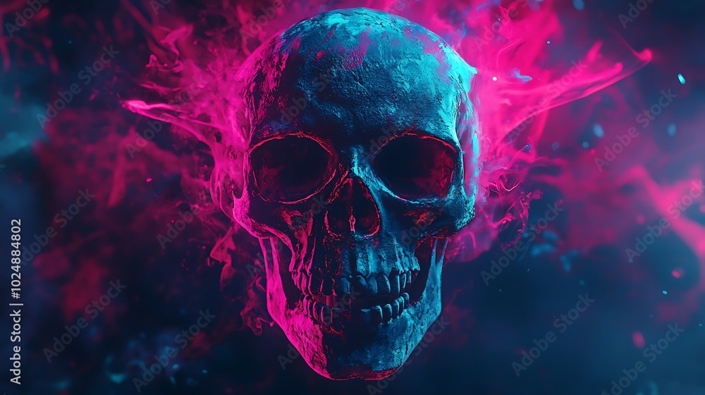 A vibrant graffiti skull bursting with neon colors, sharp abstract patterns radiating from the skull, glowing lines and splashes, set against a dark, textured background. Electric blue, vivid pink, A vibrant graffiti skull bursting with neon colors, sharp abstract patterns radiating from the skull, glowing lines and splashes, set against a dark, textured background. Electric blue, vivid pink,