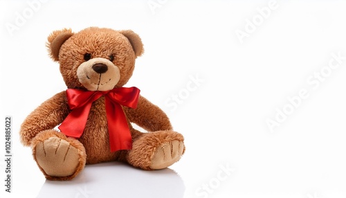 stuffed teady bear with red bow isolated on white