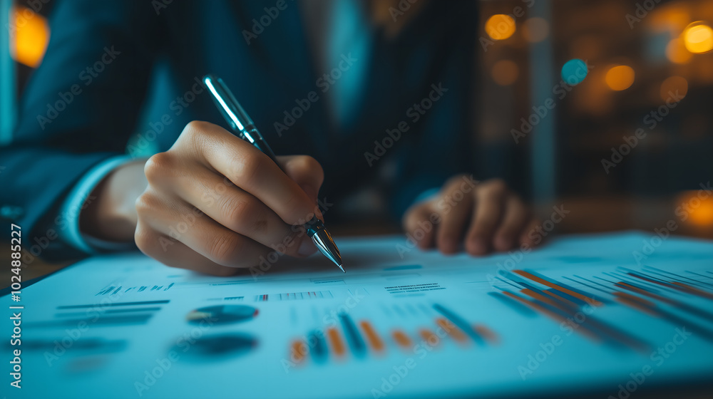 Close-up of Hands Analyzing Financial Data on Paper with a Pen, Representing Business Analysis, Financial Reports, and Decision Making. Close-up of Hands Analyzing Financial Data on Paper with a Pen, Representing Business Analysis, Financial Reports, and Decision Making.