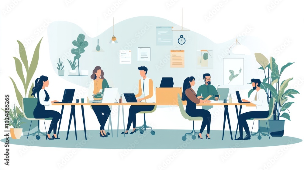 Vector design of business characters working in an open-plan office, highlighting teamwork and productivity Vector design of business characters working in an open-plan office, highlighting teamwork and productivity