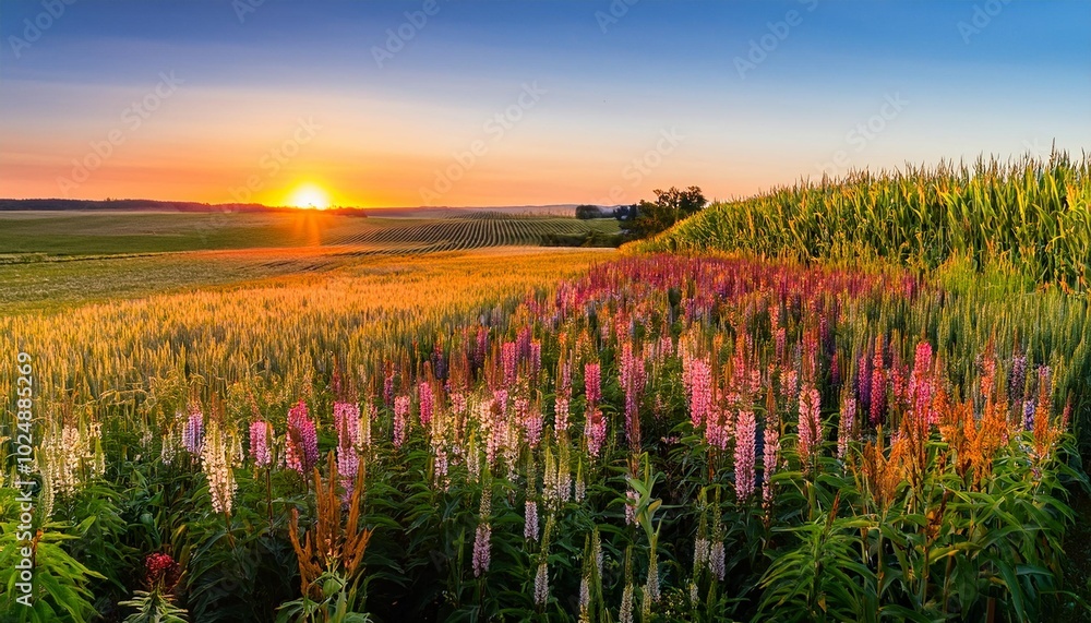 a colorful planted prairie at sunset with a corn field in the background a colorful planted prairie at sunset with a corn field in the background