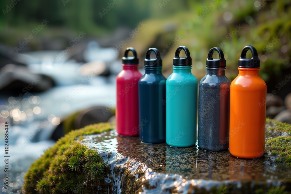 Colorful Water Bottles by Stream. Four colorful reusable water bottles sit on a mossy rock by a flowing stream, promoting hydration and outdoor adventure.