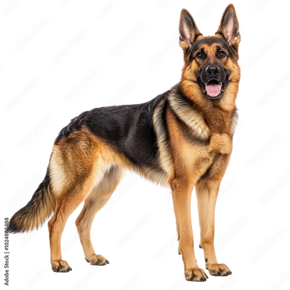 German Shepherd standing in a proud pose, showcasing its strong build and alert demeanor. isolated on transparency background German Shepherd standing in a proud pose, showcasing its strong build and alert demeanor. isolated on transparency background