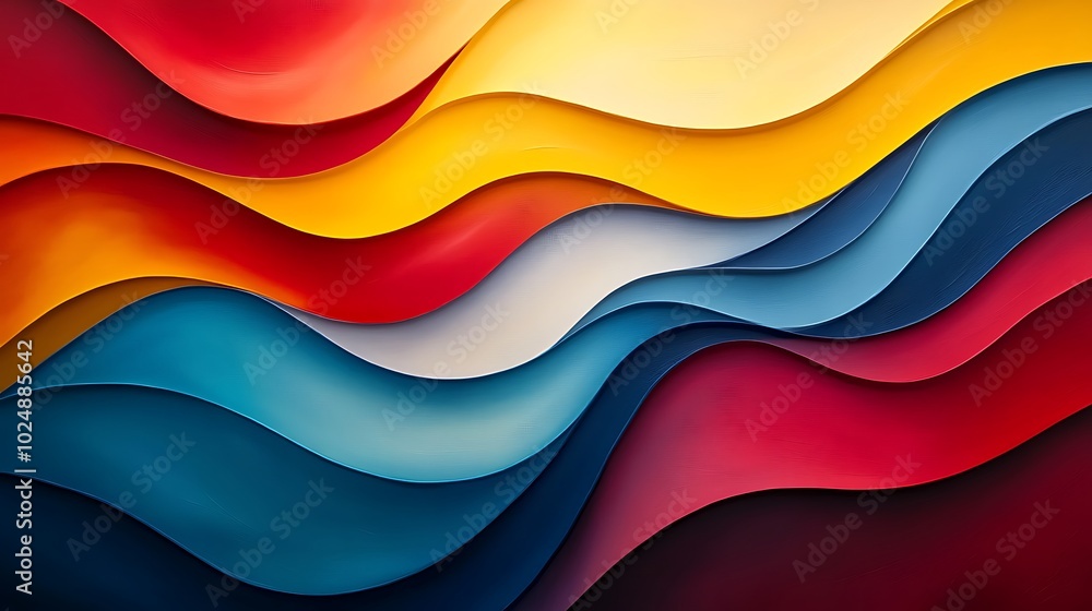 A bold abstract composition of dynamic wavy lines, vibrant reds, yellows, and blues, sharp curves and smooth transitions, lines overlapping and interweaving, creating a sense of motion and energy, A bold abstract composition of dynamic wavy lines, vibrant reds, yellows, and blues, sharp curves and smooth transitions, lines overlapping and interweaving, creating a sense of motion and energy,