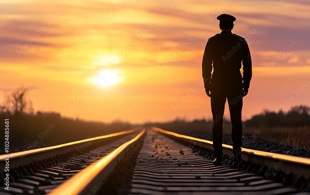Fototapeta premium Silhouette of a railway officer by the train at sunset, warm glowing sky in the background, quiet and contemplative atmosphere on the tracks