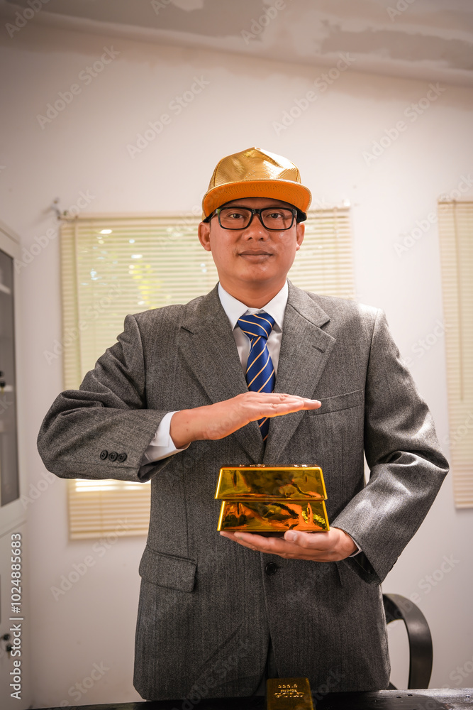 Businessman doing online gold transactions emphasizes the convenience of investing in digital gold. Businessman holds shiny gold bars in office, symbolizing wealth and investment opportunities. Businessman doing online gold transactions emphasizes the convenience of investing in digital gold. Businessman holds shiny gold bars in office, symbolizing wealth and investment opportunities.