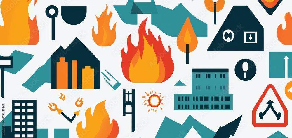 Simple illustration of disaster warning signs, like tsunami, earthquake, and fire, placed around a city map Simple illustration of disaster warning signs, like tsunami, earthquake, and fire, placed around a city map