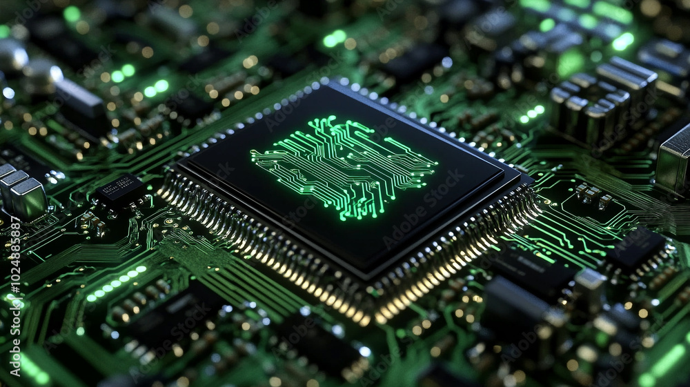 Detailed view of a glowing microchip on a circuit board showcasing advanced technology Detailed view of a glowing microchip on a circuit board showcasing advanced technology