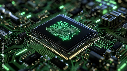 Detailed view of a glowing microchip on a circuit board showcasing advanced technology