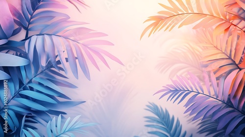 A composition of stylized pastel-colored tropical leaves, overlapping palm fronds and fern leaves, soft gradients of lavender, peach, and aqua, subtle shadows for depth,