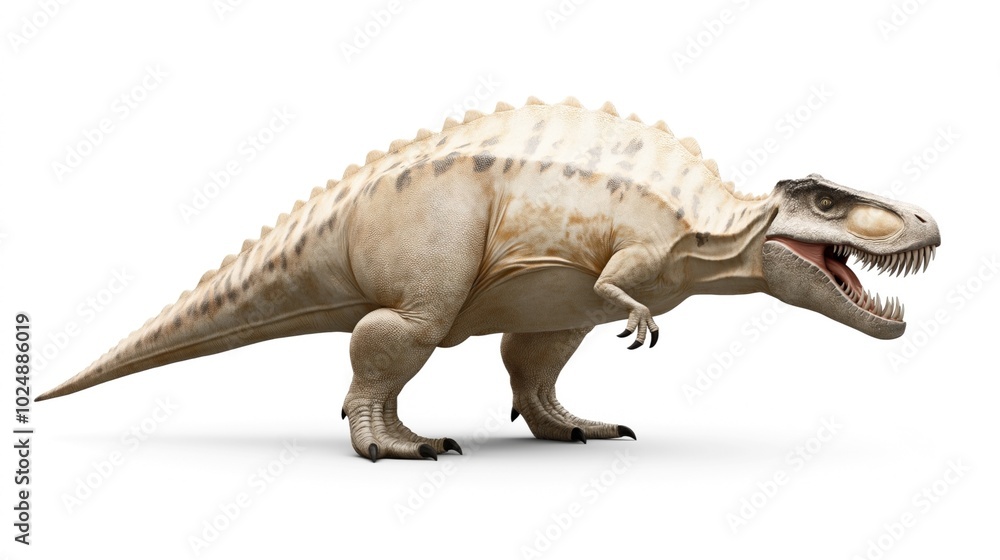 Obraz premium Realistic 3D of a large carnivorous dinosaur with sharp teeth and textured skin, isolated on a white background.