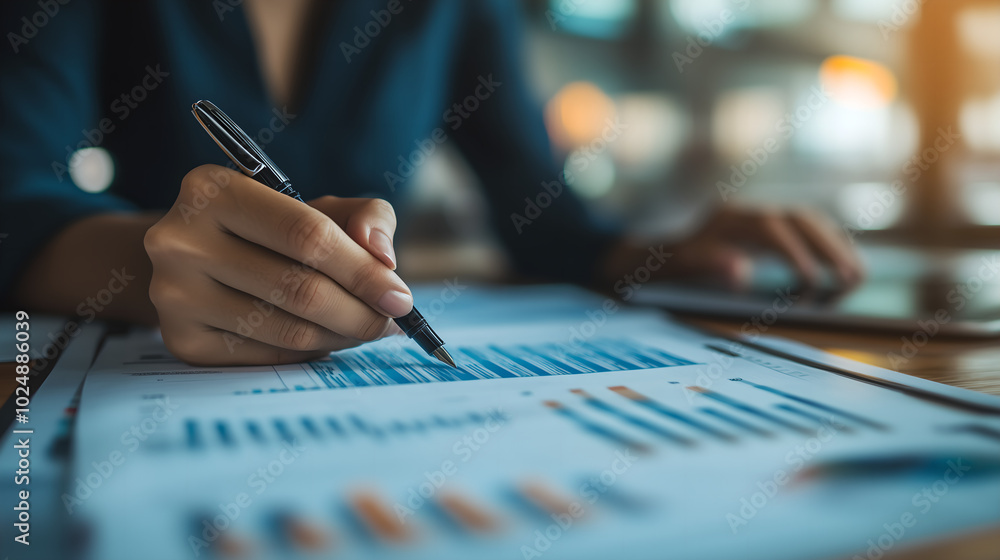 Close-up of Hands Analyzing Financial Data on Paper with a Pen, Representing Business Analysis, Financial Reports, and Decision Making. Close-up of Hands Analyzing Financial Data on Paper with a Pen, Representing Business Analysis, Financial Reports, and Decision Making.