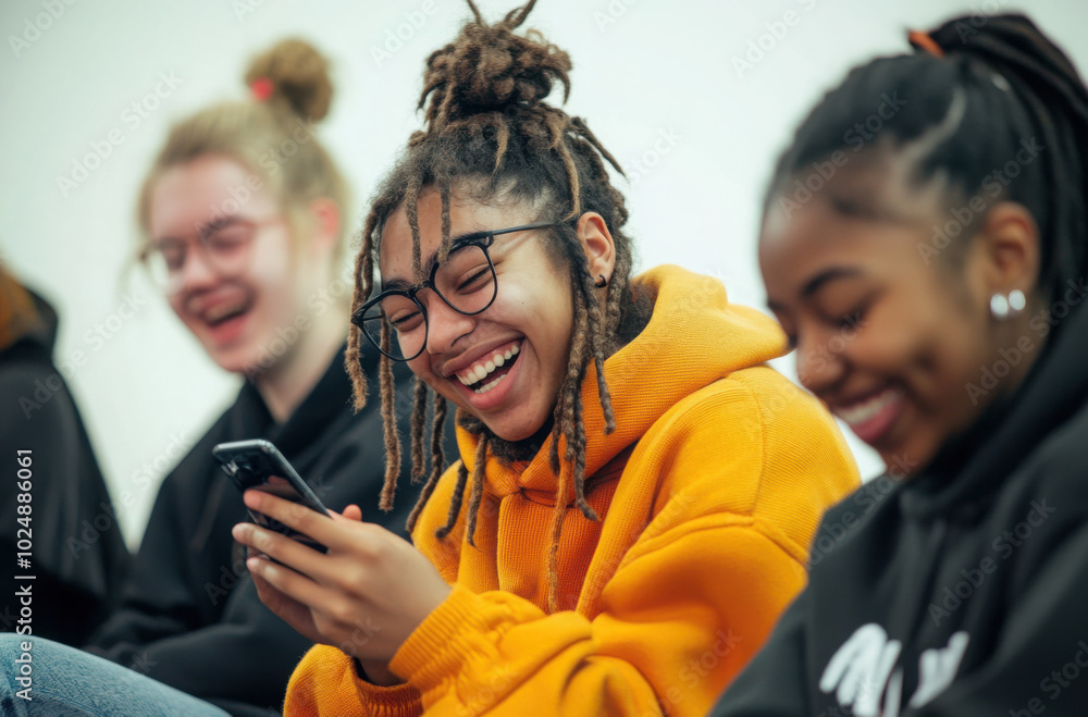 Obraz premium Teens laughing together while using smartphones, enjoying casual time, showing joy and friendship with happy expressions