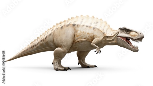 Realistic 3D of a large carnivorous dinosaur with sharp teeth and textured skin, isolated on a white background.