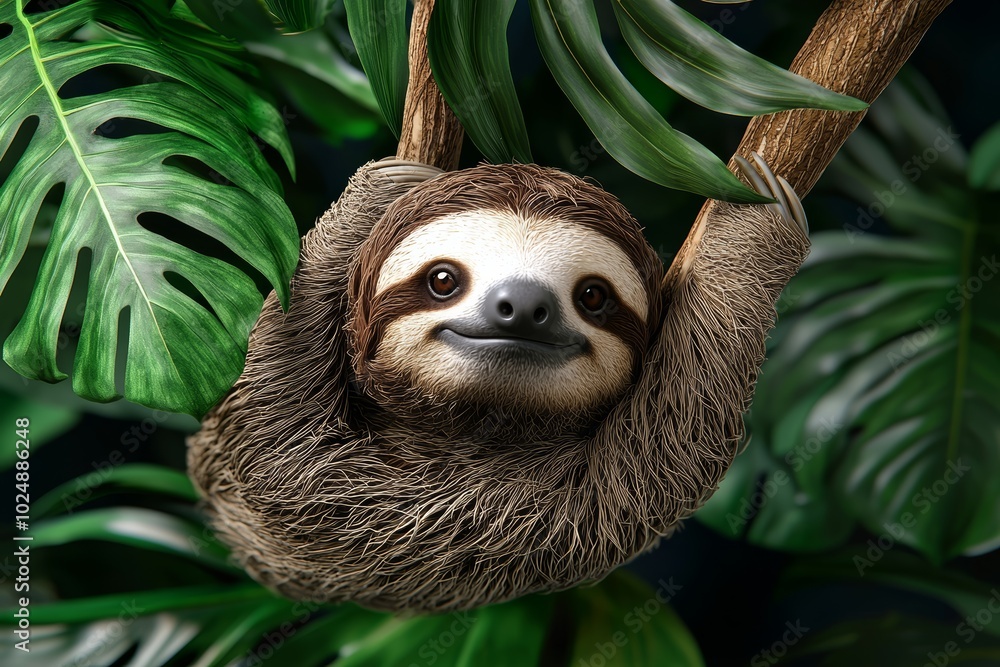 Sloth hanging on a tropical branch, detailed foliage background, 3D illustration Sloth hanging on a tropical branch, detailed foliage background, 3D illustration