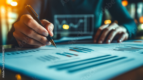 Close-up of Hands Analyzing Financial Data on Paper with a Pen, Representing Business Analysis, Financial Reports, and Decision Making.