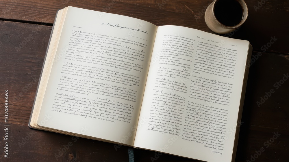 Open books with handwritten notes. An open book with handwritten notes, sketches, and diagrams reflecting a creative process, possibly related to book design. The scene evokes craftsmanship.