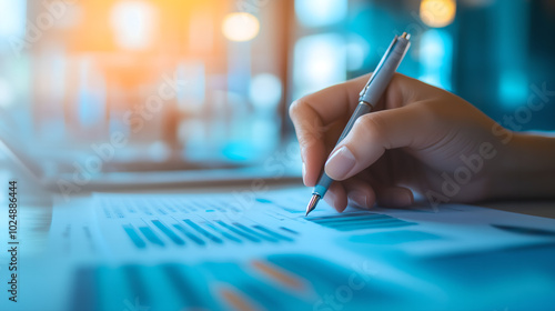Close-up of Hands Analyzing Financial Data on Paper with a Pen, Representing Business Analysis, Financial Reports, and Decision Making.