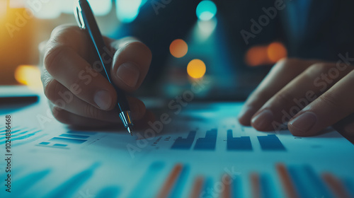 Close-up of Hands Analyzing Financial Data on Paper with a Pen, Representing Business Analysis, Financial Reports, and Decision Making.