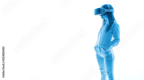 Young Girl Experiencing Virtual Reality with a VR Headset in a Minimalistic White Setting, Representing Future Technology and Immersive Experiences