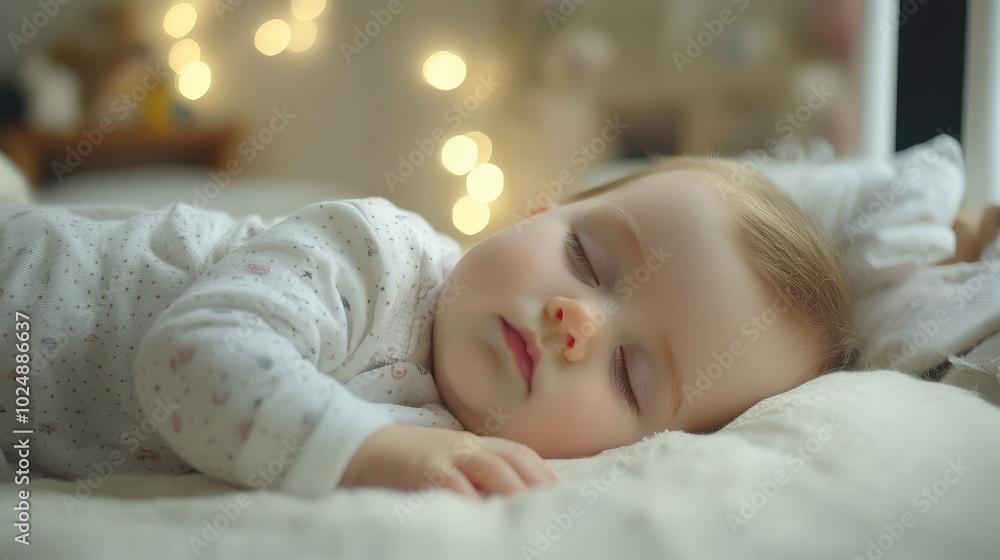 Sleeping Baby Girl in White Pajamas on White Bedding Sleeping Baby Girl in White Pajamas on White Bedding