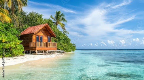 Fototapeta Naklejka Na Ścianę i Meble -  Tropical Beach Bungalow with Palm Trees and Turquoise Water