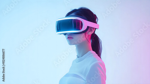 Young Girl Experiencing Virtual Reality with a VR Headset in a Minimalistic White Setting, Representing Future Technology and Immersive Experiences