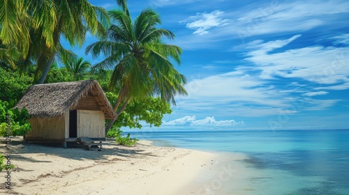 Tropical Beach Hut with Palm Trees and Turquoise Ocean