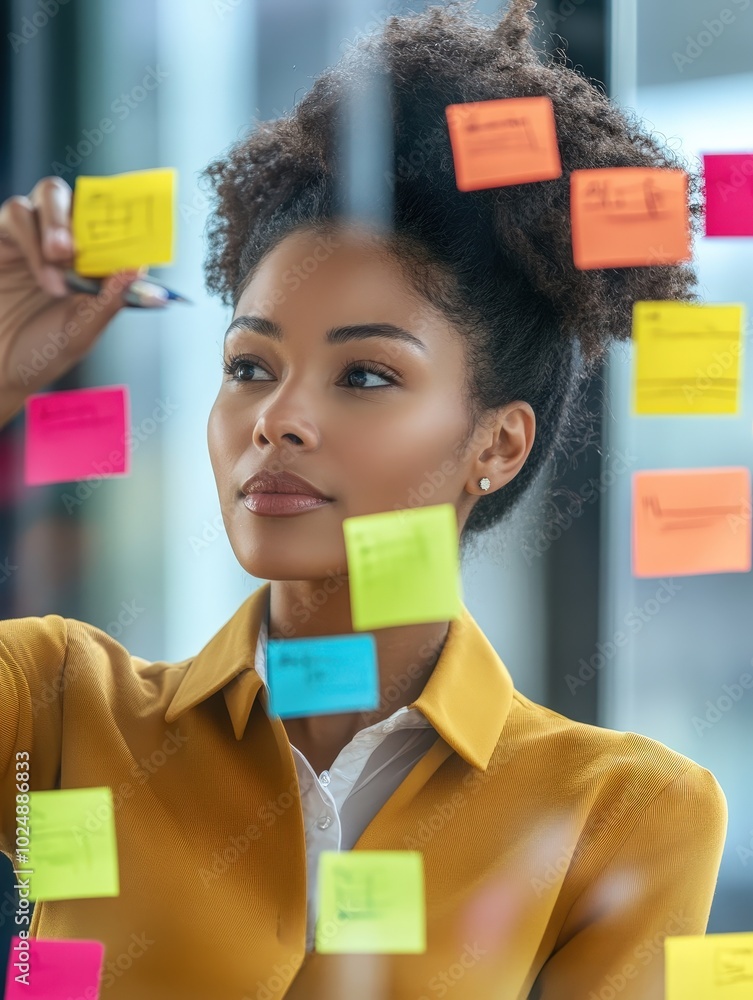 Woman Writing on Glass Board with Sticky Notes for Brainstorming and Planning Woman Writing on Glass Board with Sticky Notes for Brainstorming and Planning