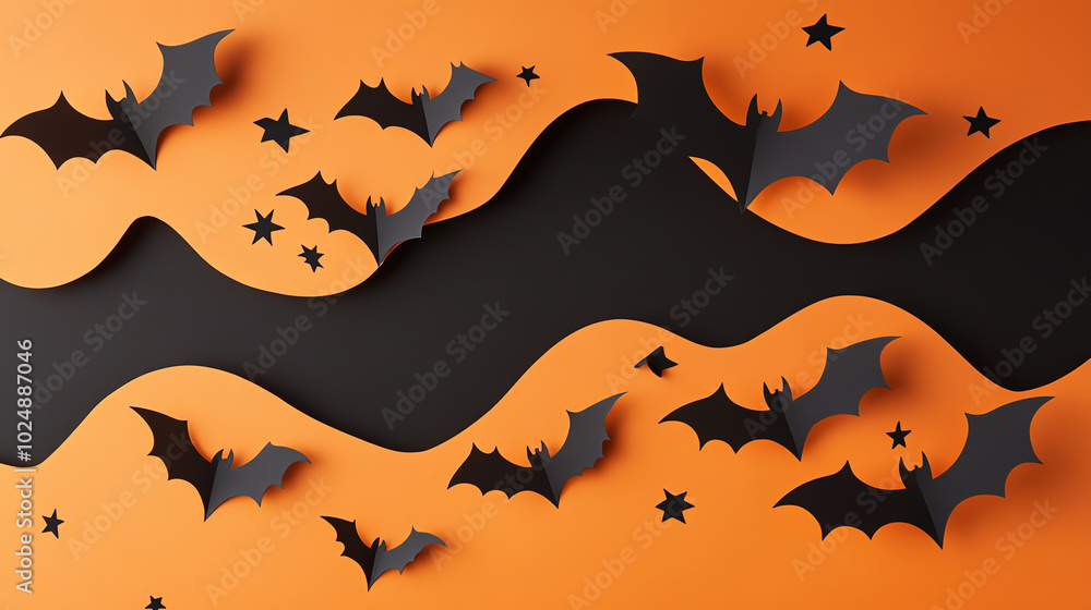 Black paper-cut bats flying in a surreal orange sky, scattered black stars, Halloween banner, flat lay, minimalist top view, modern spooky aesthetic. Black paper-cut bats flying in a surreal orange sky, scattered black stars, Halloween banner, flat lay, minimalist top view, modern spooky aesthetic.