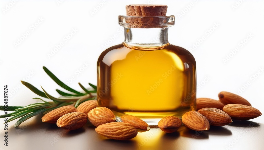 4 almond oil poured into a small glass bottle garnished with a few fresh almonds and a sprig of rosemary a realistic photo image 4 almond oil poured into a small glass bottle garnished with a few fresh almonds and a sprig of rosemary a realistic photo image
